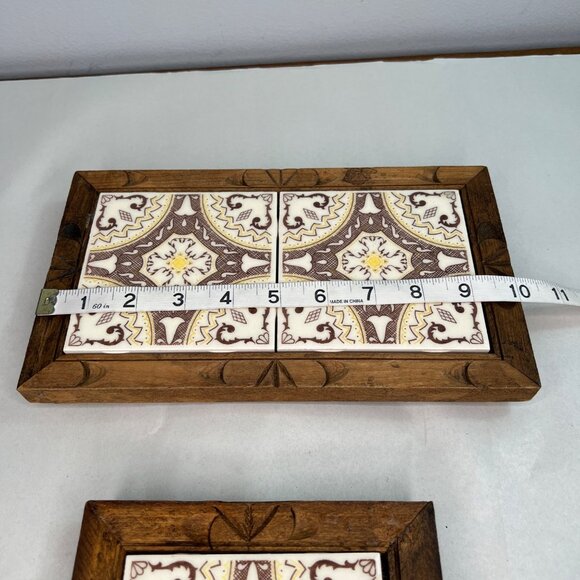 Vintage Mexican Tile Wood Framed Trivet Set Vintage MEXICO Folk Art TILE WOOD - Picture 7 of 10